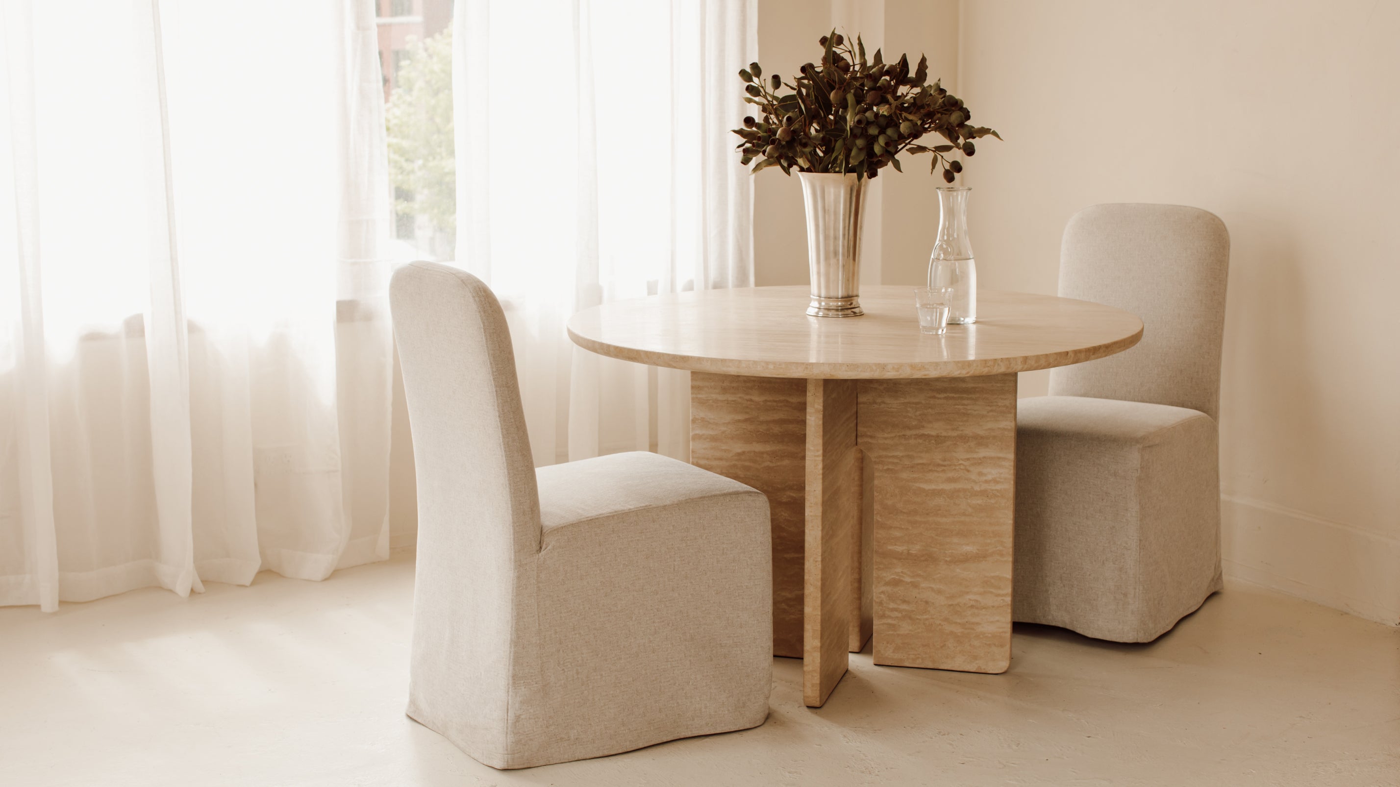 Clover Round Dining Table, Seats 4-5 People, Beige Travertine
